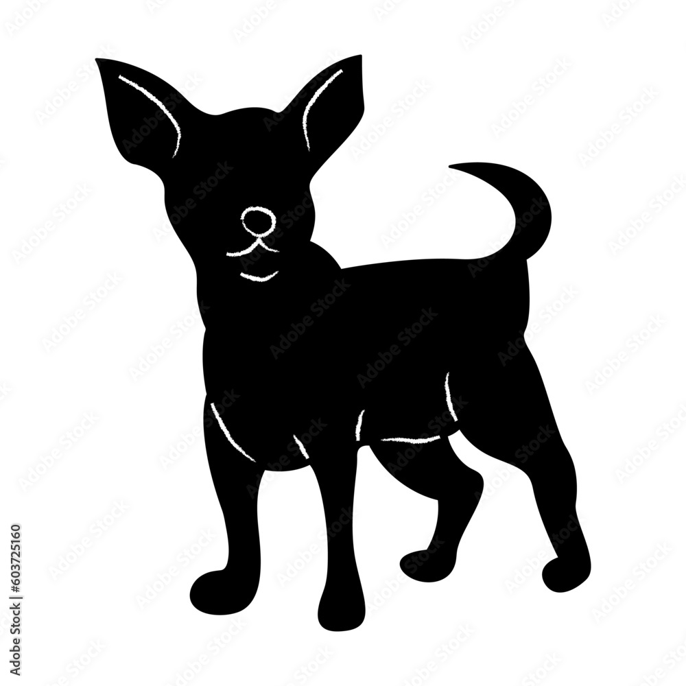 Chihuahua silhouette. Doodle black and white vector illustration.