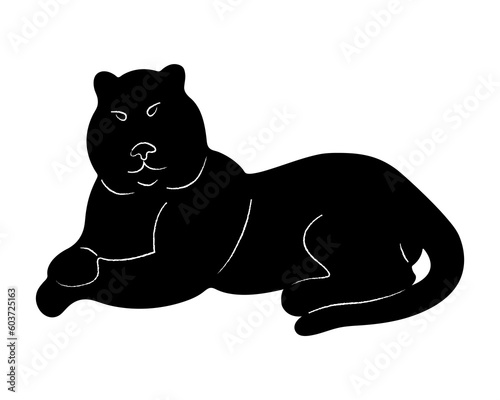 Lying tiger silhouette. Doodle black and white vector illustration.