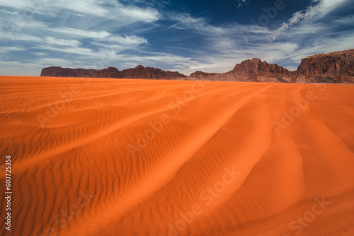 Amazing and spectacular landscapes of Wadi Rum desert in Jordan. Dunes, rocks, it's all here. Beautiful weather gives the climate to this place.