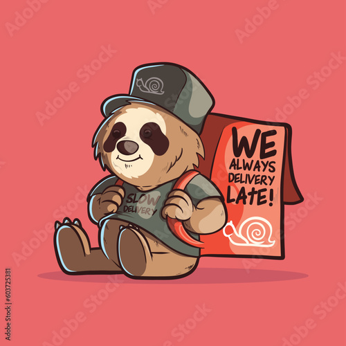 Sloth character dressed as a delivery man vector illustration. Work, delivery, brand design concept.