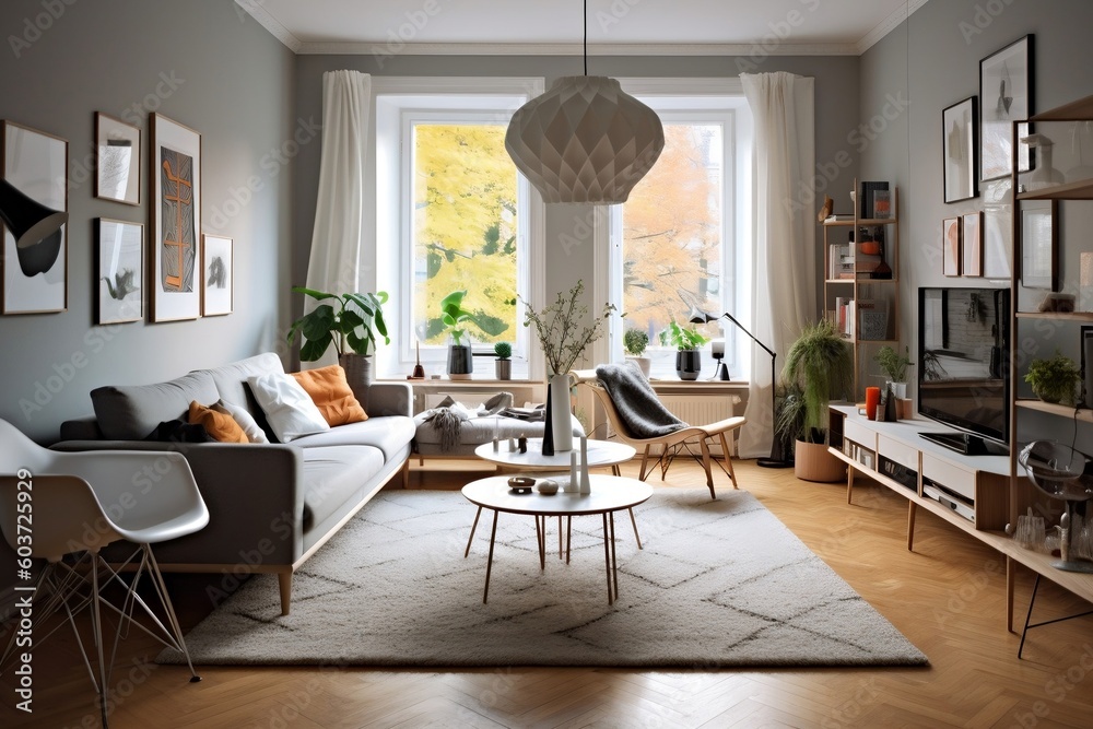 modern scandi style composition of living room interior, wooden floors ...