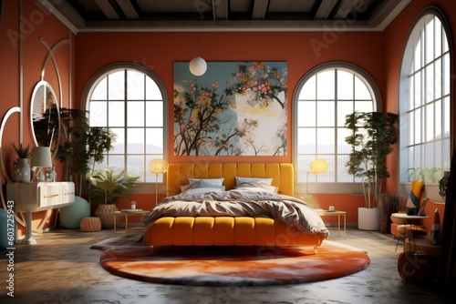 Modern, luxury maximalist bedroom with orange bed, beige blanket and pillow, orange wall with cherry blossom artwork, big windows, decoration, interior design background, generative AI photo