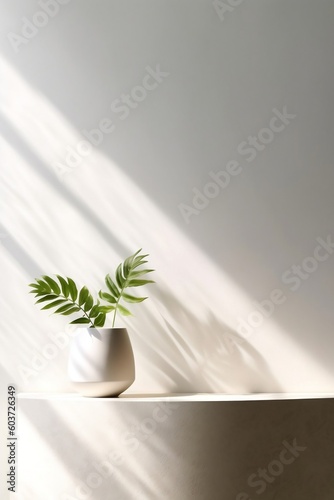 Backdrop for cosmetic product display: white vase with plant on white table counter in sunlight, shadow on beige paint wall for luxury beauty, cosmetic, organic, food supplement product background 3D