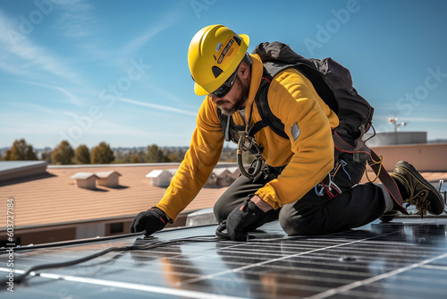 a man installs solar panels on the roof. generative AI tools