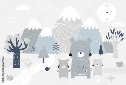 Vector children hand drawn mountain and cute bears illustration in scandinavian style. Mountain landscape, clouds. Children's forest wallpaper. Mountainscape, children's room design, wall decor. © ZHUKO