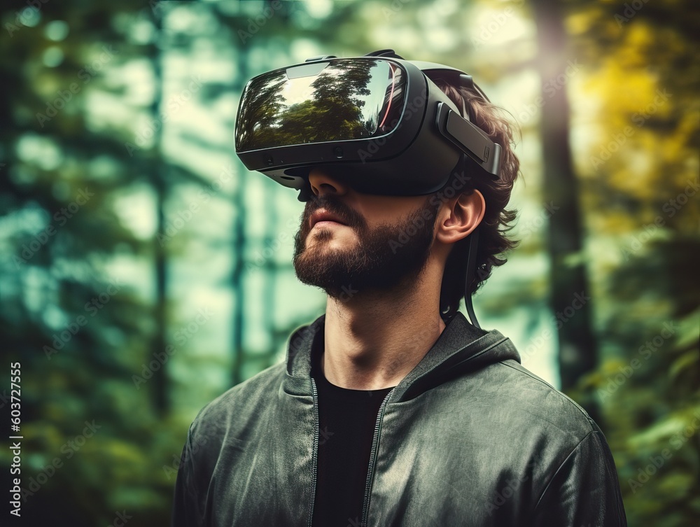 Junge, moderner, sportlicher Mann sitzt mit VR-Brille mitten im Wald, generative AI.