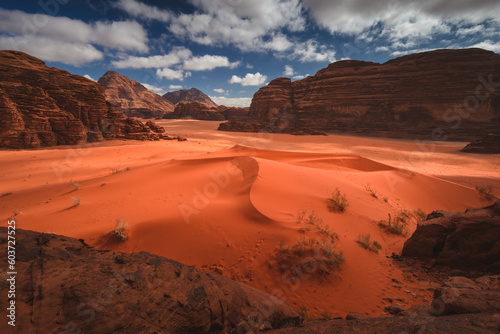 Amazing and spectacular landscapes of Wadi Rum desert in Jordan. Dunes, rocks, it's all here. Beautiful weather gives the climate to this place.