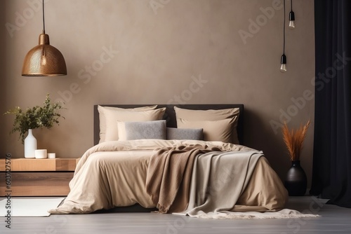 Modern, cozy luxury earthy colored bedroom with wooden bed, gray blanket and pillow, black and copper hanging lamp, brown wall, grey floor, rug, plants, for interior design background, generative AI