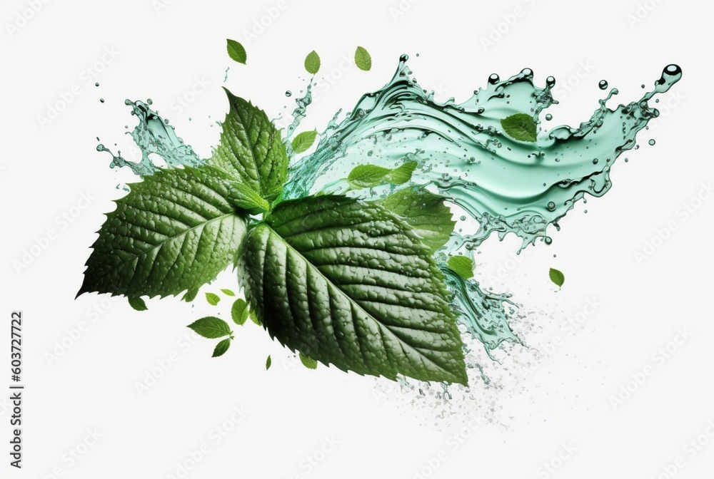 Green mint leaf with water splash isolated on white background. generative ai Green mint leaf with water splash isolated on white background. generative ai