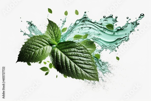 Green mint leaf with water splash isolated on white background. generative ai