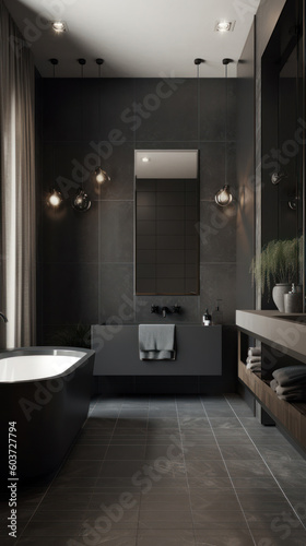 Interior of a Contemporary Bathroom with Dark Tiles