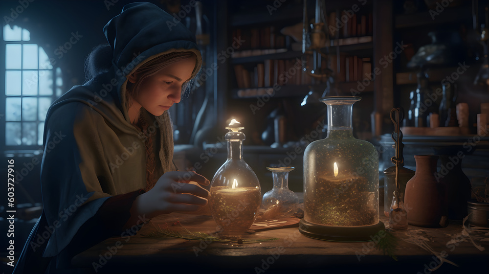 Stunningly beautiful witch engrossed in the art of potion-making made with Generative AI