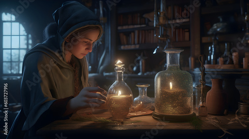 Stunningly beautiful witch engrossed in the art of potion-making made with Generative AI