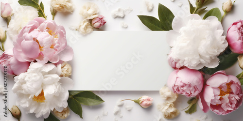 Blank white card in the center, surrounded by rose and magnolia petals, white background top view, AI Generated