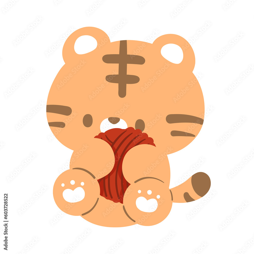 Obraz premium The orange cartoon tiger engages in playful cuddling and interaction with a red yarn ball.