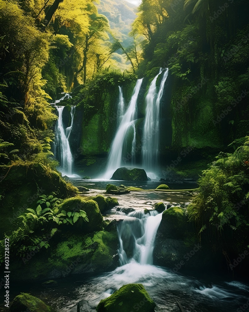 Waterfalls in a lush forest Amazonia Landscape - Generative AI Waterfalls in a lush forest Amazonia Landscape - Generative AI