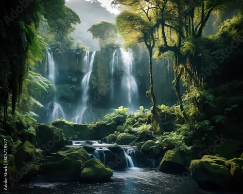 Waterfalls in a lush forest Amazonia Landscape - Generative AI