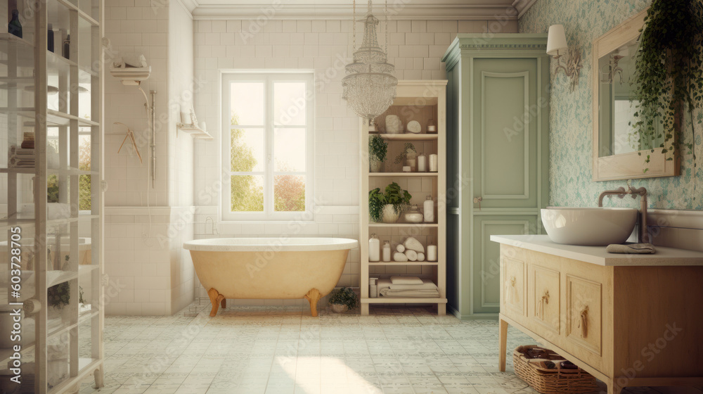 Interior of a French Country Style Bathroom With Light Tiles Interior of a French Country Style Bathroom With Light Tiles
