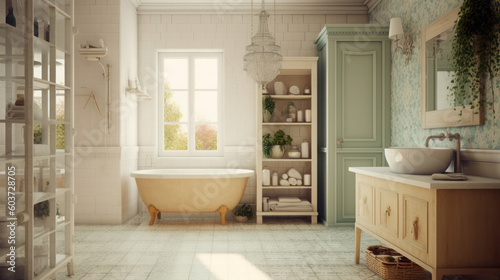 Interior of a French Country Style Bathroom With Light Tiles