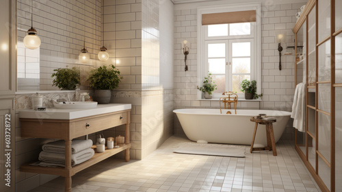 Interior of a French Country Style Bathroom With Light Tiles © Eirik Sørstrømmen