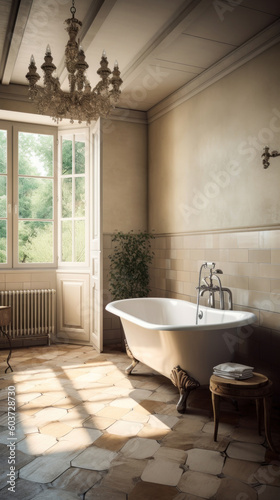 Interior of a French Country Style Bathroom With Light Tiles