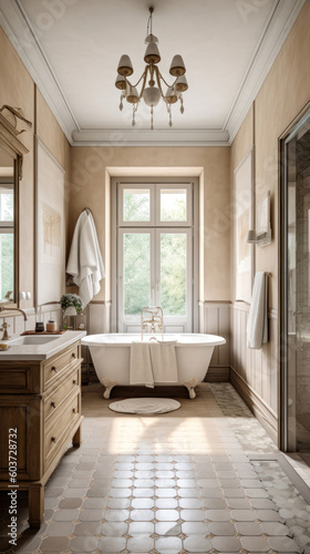 Interior of a French Country Style Bathroom With Light Tiles © Eirik Sørstrømmen