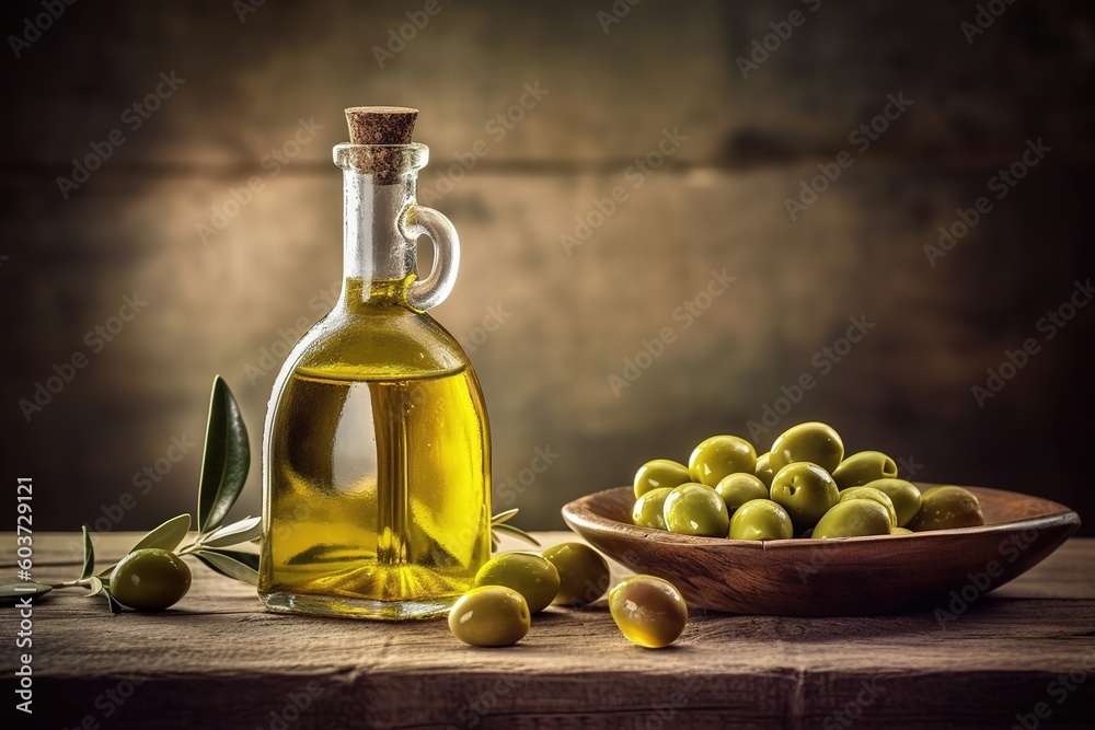 wholesome olives and a bottle of finest olive oil arranged on a charming wooden table, generative ai beautiful art wholesome olives and a bottle of finest olive oil arranged on a charming wooden table, generative ai beautiful art