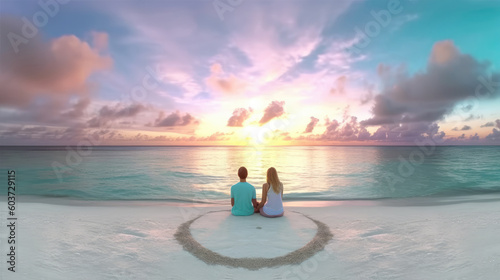 Exotic vacation on the island. Young couple is sitting on the seashore. Romantic couple in love is sitting on the snow-white sand against background of the setting sun and pink clouds. Generative AI. © Нина Башарова