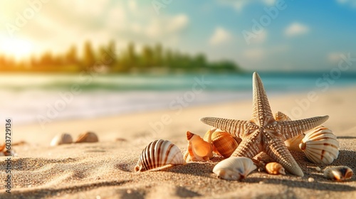 perfect beach with seashells, sea star, and crystal clear waters, ideal summer background, generative ai beautiful art © id512