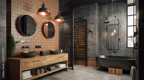 Interior of a Industrial Style Bathroom with Light Tiles