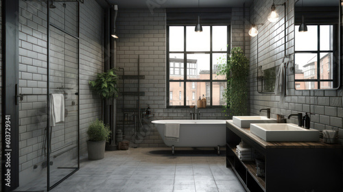 Interior of a Industrial Style Bathroom with Light Tiles