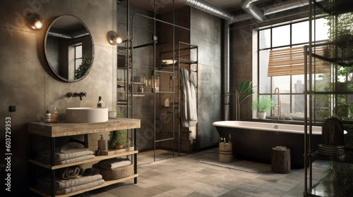 Interior of a Industrial Style Bathroom with Light Tiles