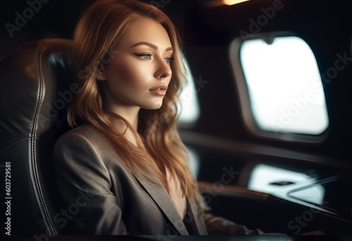 Beautiful young caucasian businesswoman traveling by private jet in business trip. AI generative © vladdeep