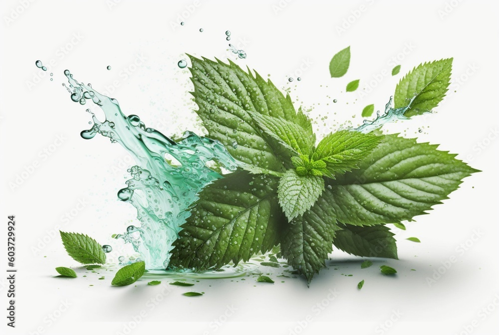 Green mint leaf with water splash isolated on white background. generative ai Green mint leaf with water splash isolated on white background. generative ai