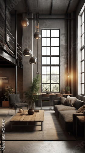 Interior of a Industrial Style Living Room with Modern Furniture