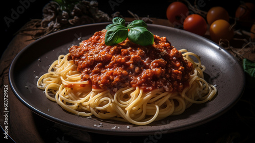 pasta spaghetti bolognese with fresh ingredients on beautiful plate, served on wood table background for meals, dinner, lunch for delicious food theme