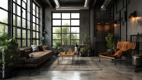Interior of a Industrial Style Living Room with Modern Furniture