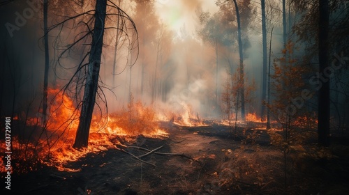 Forest tree by the flames of the natural disaster of forest fires