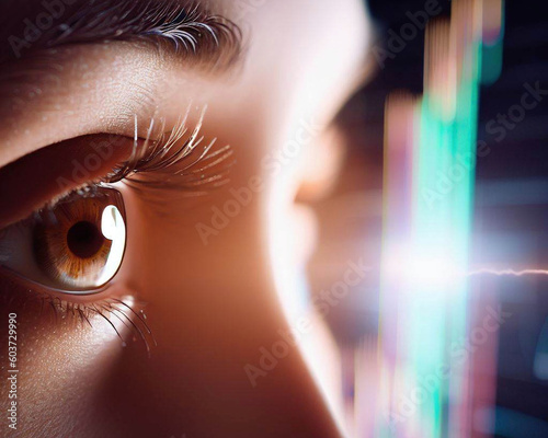 The eyes of a young woman illuminated by the light of a computer monitor showing the ups and downs of a stock chart.Generative AI.