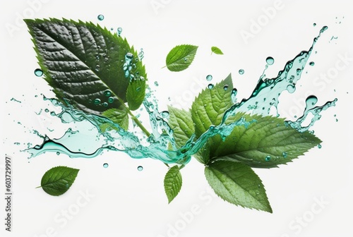 Green mint leaf with water splash isolated on white background. generative ai