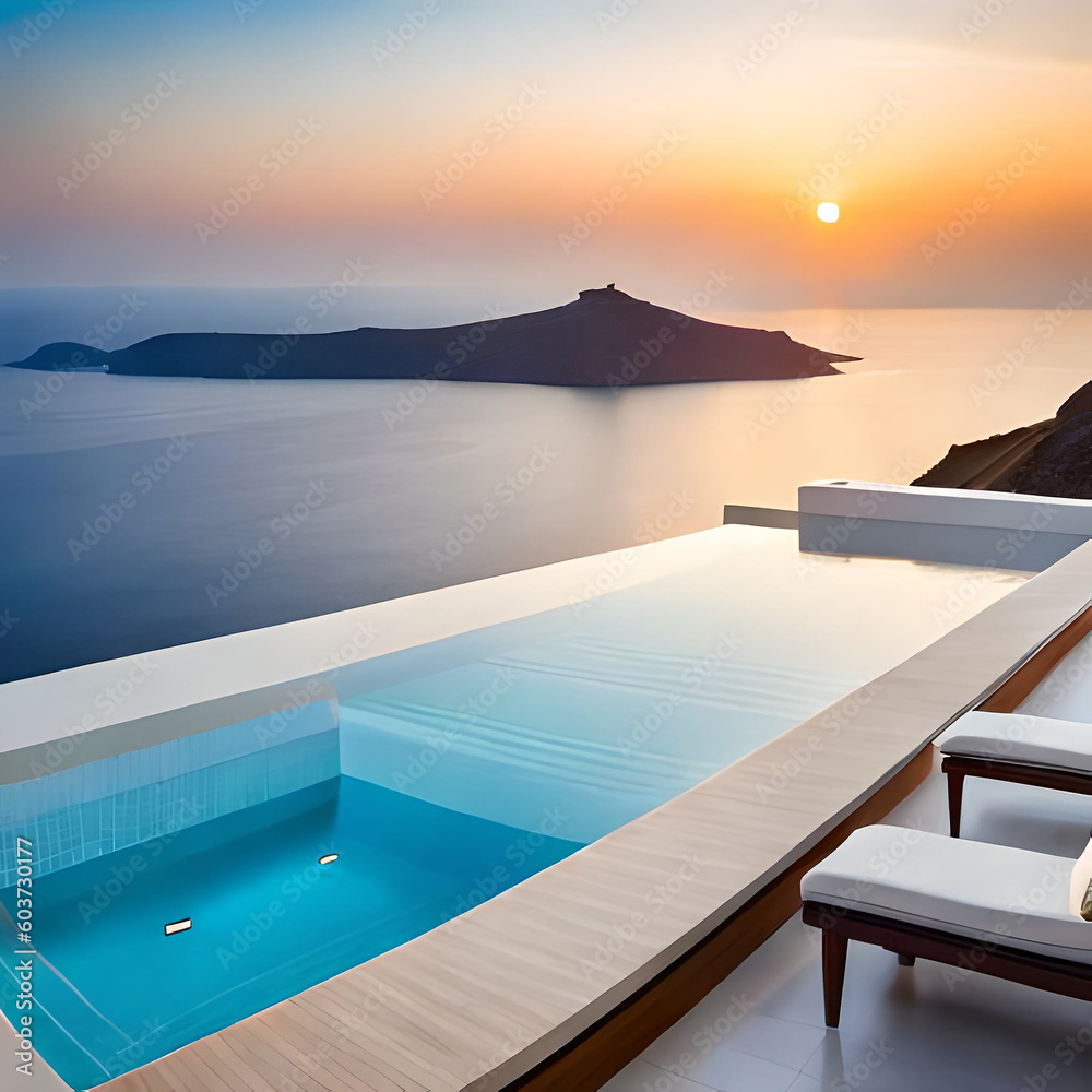 A view of a pool with a view of the sea and a sunset in the background