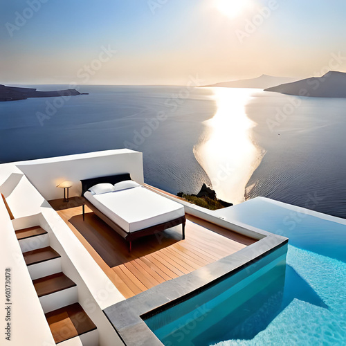 A view of a pool with a view of the sea and a sunset in the background © pedro