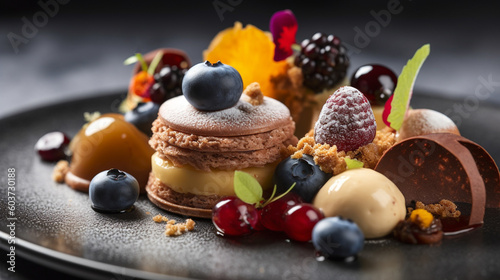 macaron or macaroon dessert well decorative with fresh ingredients served on delicate plate in restaurant or cafe table background for delicious food and dessert theme.