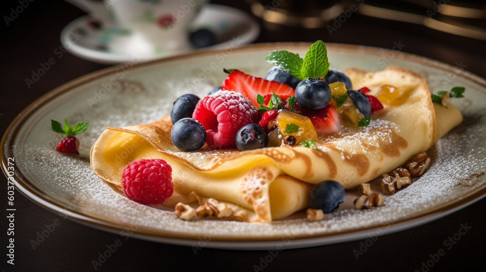 crepe or thin pancakes well decorative with fresh ingredients served on delicate plate in restaurant or cafe table background for delicious food and dessert theme crepe or thin pancakes well decorative with fresh ingredients served on delicate plate in restaurant or cafe table background for delicious food and dessert theme