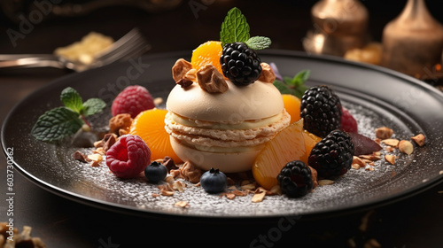 macaron or macaroon dessert well decorative with fresh ingredients served on delicate plate in restaurant or cafe table background for delicious food and dessert theme.