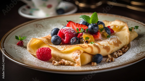 crepe or thin pancakes well decorative with fresh ingredients served on delicate plate in restaurant or cafe table background for delicious food and dessert theme
