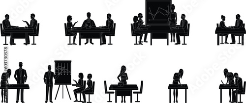 set of silhouettes of business people in a cafe