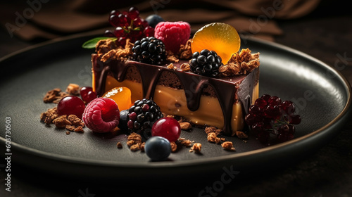 chocolate cheesecakes dessert well decorative with fresh fruits ingredients served on delicate plate in restaurant or cafe table background for delicious food and dessert theme