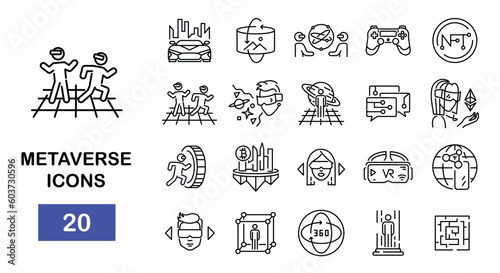 Metaverse line icons set. Contains such icons as virtual reality, futuristic car, game, artificial intelligence. Vector illustration
