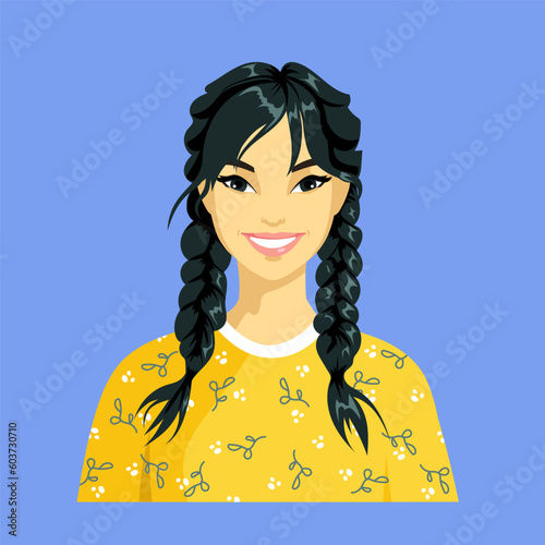 Avatar of a girl with braids on a blue background. Portrait of an Asian woman with black hair. A happy young woman is wearing yellow clothes with a floral pattern. Cartoon style. Vector illustration.